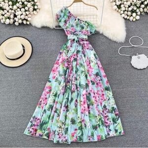 Wedding Summer Guest One Shoulder Floral Asymmetrical Floral Maxi Dress